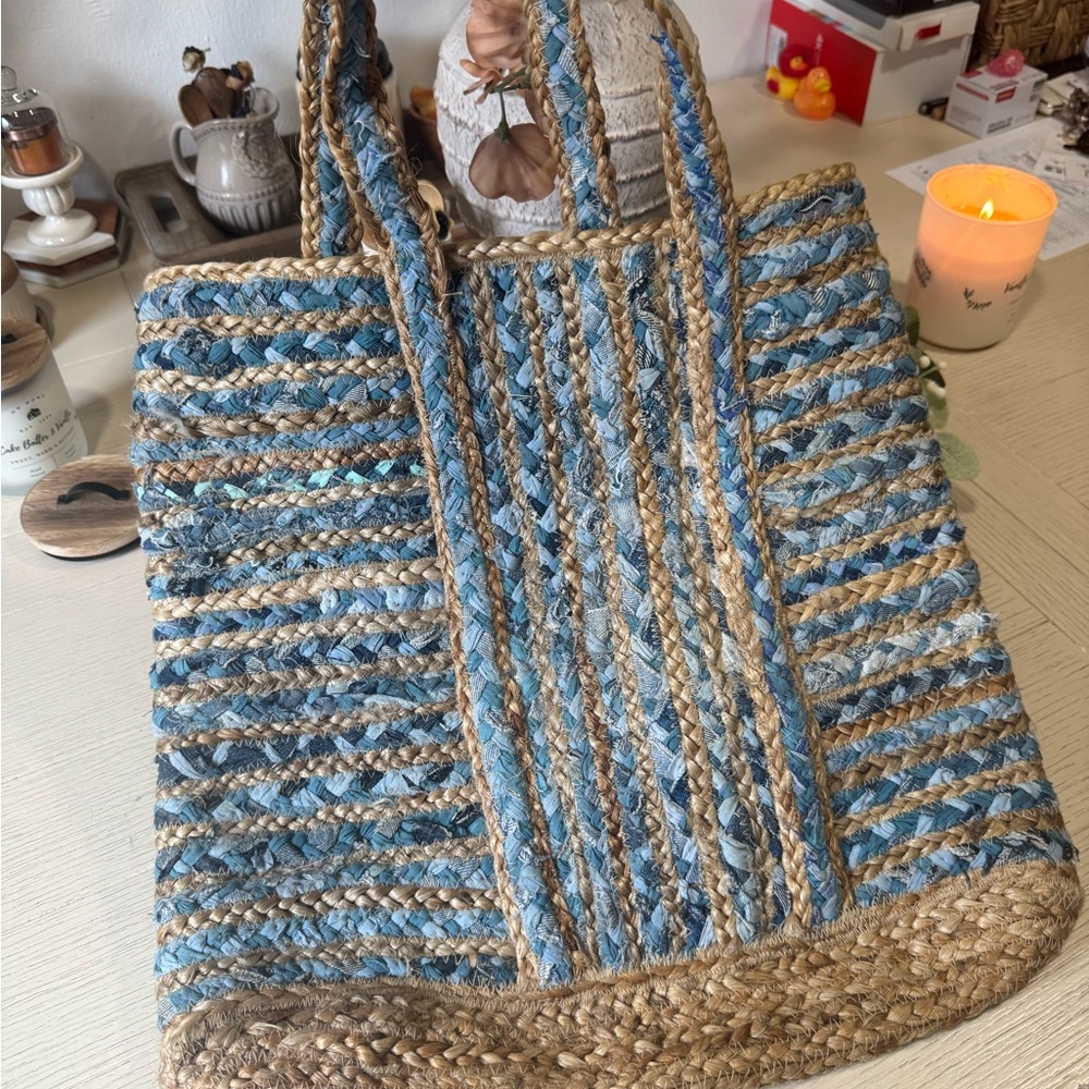 Blue and Tan Striped Tote Bag